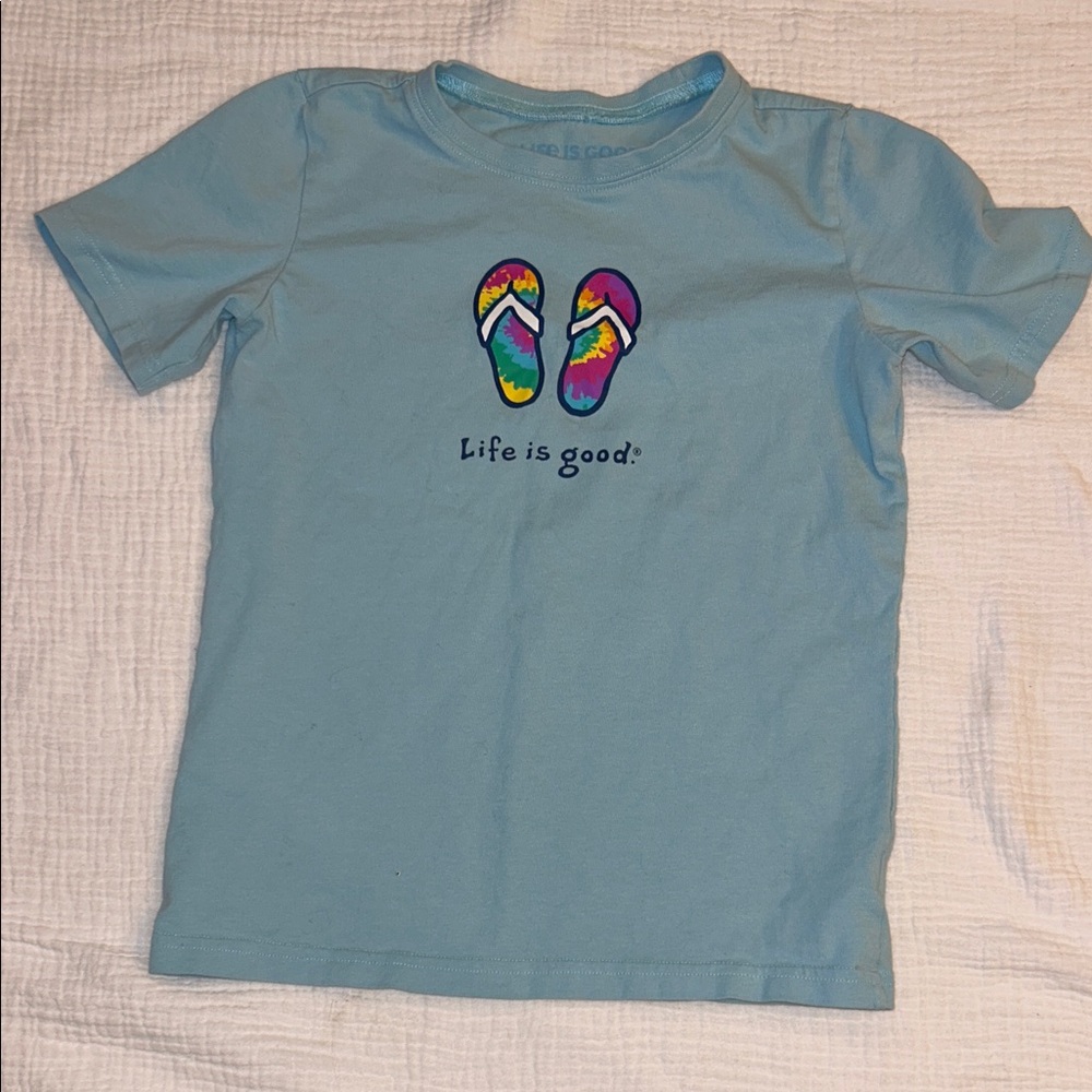 Life Is Good Kids Blue Tee Tie Dye Flip Flop Design Beach Resort Play School